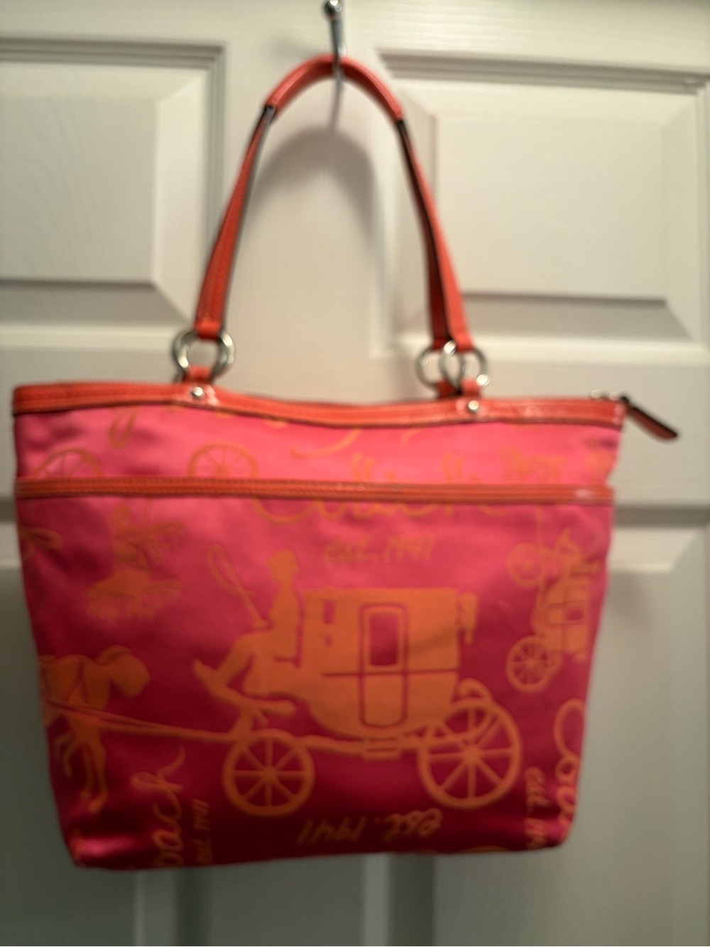 Coach Horse & Carriage Pleated Tote F14482 Pink Orange Satin Leather